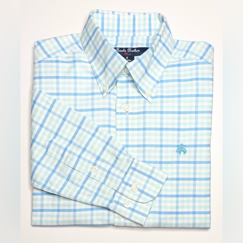 Brooks Brothers Boys Aqua Non-Iron Cotton Oxford Multi-Gingham Sport Shirt - S